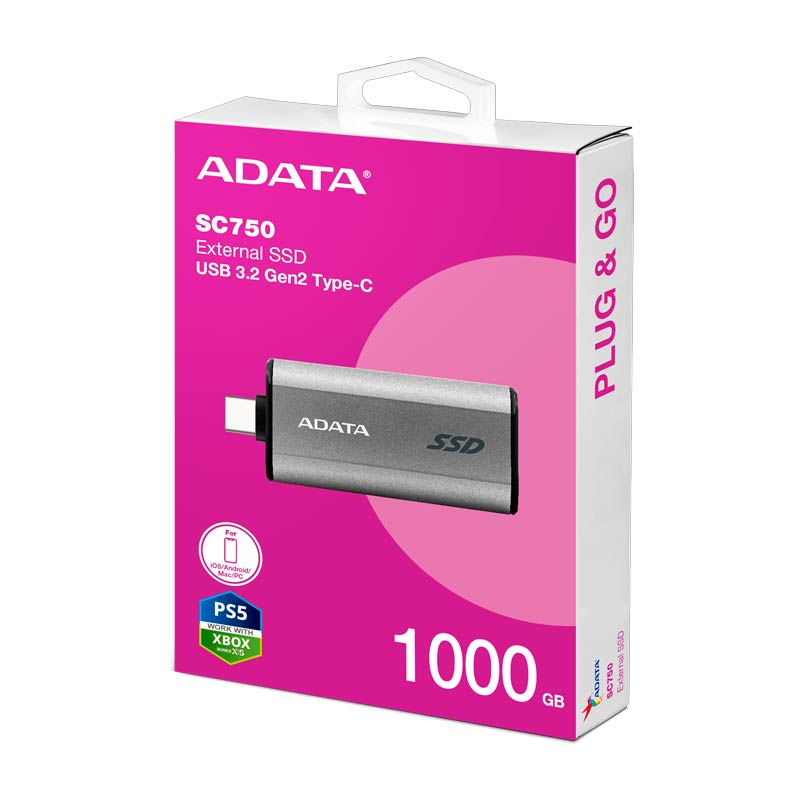 Unidad SSD Externa 3.2" USB-C 1TB ADATA SC750 Lectura 1050MB/s