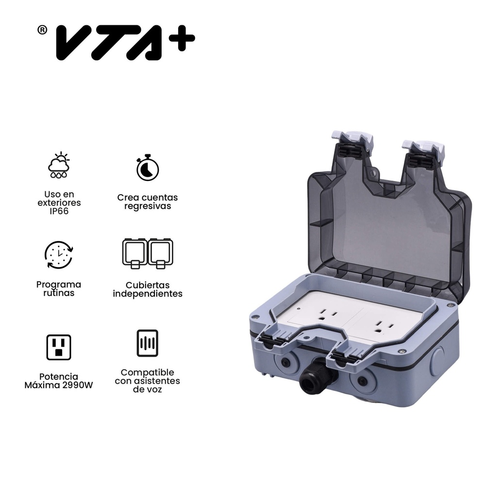 Tomacorriente Inteligente con Cubierta VTA+ 2 Tomas Smart Home Wi-Fi para Exteriores