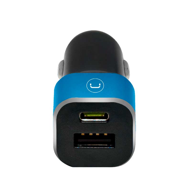 Cargador UnnoTekno para Carro Dual USB-C USB-A 28W Negro/Celeste