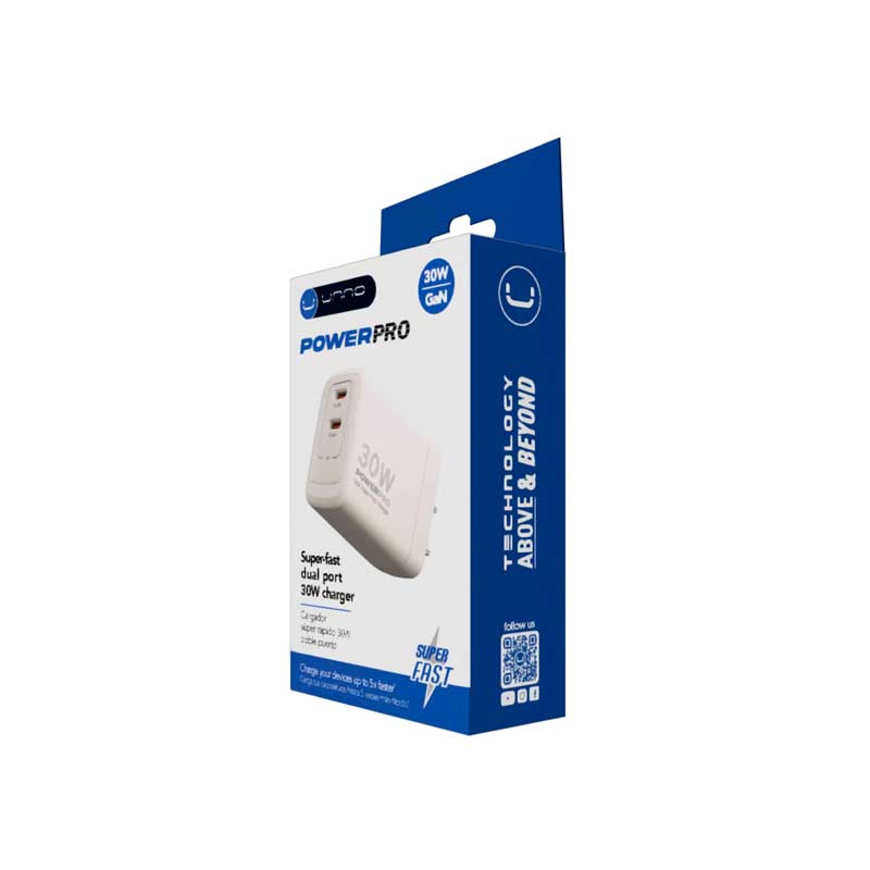 Cargador de Pared UnnoTekno PowerPro Dual USB-C 30W​​ Blanco