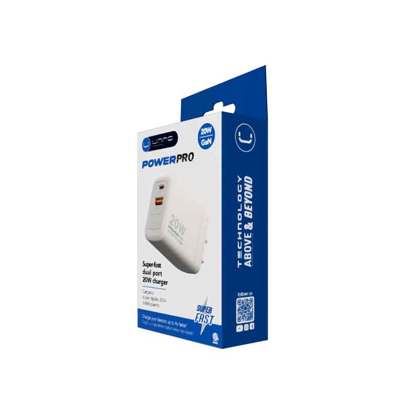 Cargador de Pared UnnoTekno PowerPro Dual USB USB-C 20W​​ Blanco