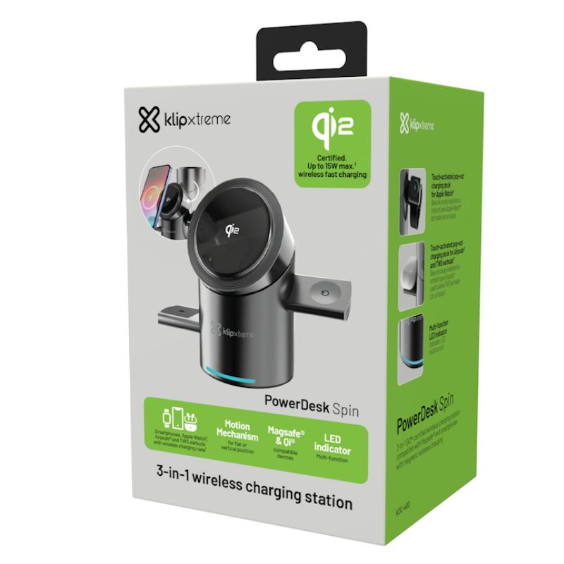 Estación de Carga Inalámbrica Klip Xtreme 3-en-1 Qi2 Magnética 15W Plegable