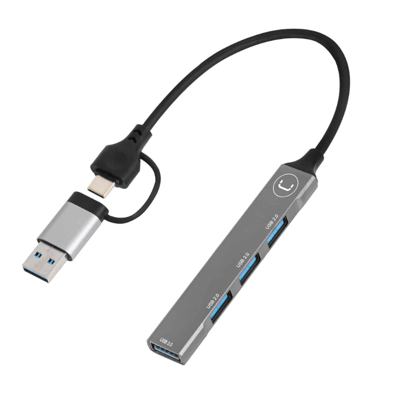 Hub Unno Tekno 4 Puertos HB1014SV USB + USB-C  2 en 1 Gris